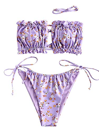 ZAFUL - Conjunto de bikini para mujer, sin hombros, con cordón y volantes, corte alto, monocromo Lavanda-1. L