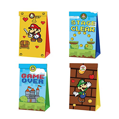 12pcs Super Mario Party Gift Bag Bolsas de dulces de cumpleaños Bolsa de papel reutilizable Kids Mario Party Cajas para suministros de fiesta de cumpleaños temáticos Regalar para niños