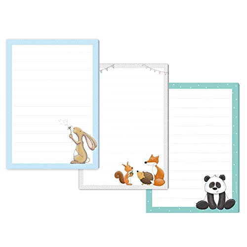 3 blocs de notas con diseño de conejo y animales del bosque y el panda de Paul DIN A5 a rayas, 50 hojas cada uno, para niños, papel de carta para niños, bloc de cartas