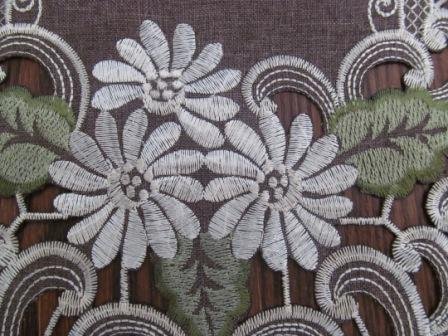 54 x 15 Table Runner or Dresser Scarf Embroidered with a White Daisy on Brown Burlap Linen Style Fabric from Doily Boutique by Doily Boutique
