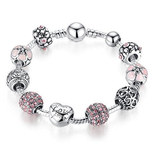 A TE® Charm Pulsera Rosa Cristal Corazón piedra “Amor” y “Love” Perlas Abalorio Brazaleta #JW-B127(18cm/20cm) (18)