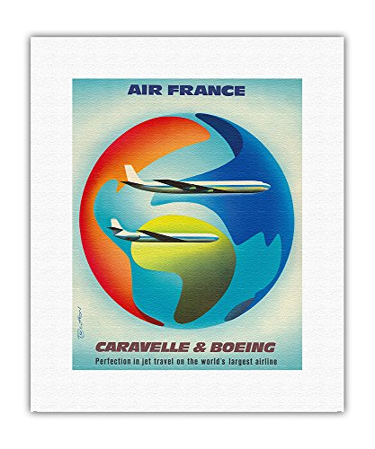 Air France – Sud Aviation Caravelle & Boeing 707 jetliners – Vintage Airline Travel Poster por Roger Excoffon c.1959 – Fine Art Print, 11" x 14" Rolled Canvas