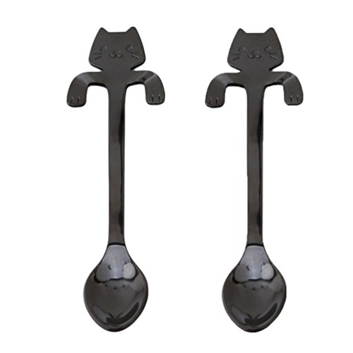 albeey 2 unidades gato Juego de cucharas de acero inoxidable Cucharillas de café, 11,5 cm, acero inoxidable, negro, 11.5*4cm