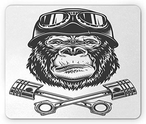Alfombrilla de ratón Gorilla, patrón de cabeza de orangután de motociclista serio de estilo vintage con gafas y herramientas, alfombrilla de ratón de goma antideslizante de tamaño estándar, gris oscur