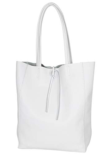 AmbraModa GL032 - Bolso de piel italiana, bolso de mujer, shopper, bolso de kombro con bolsito interior de piel de vacuno granulada (Blanco)