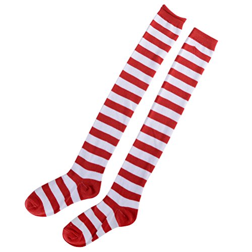 Amosfun Medias de rayas rojas y blancas de Navidad sobre calcetines hasta la rodilla para mujeres niñas Tamaño libre