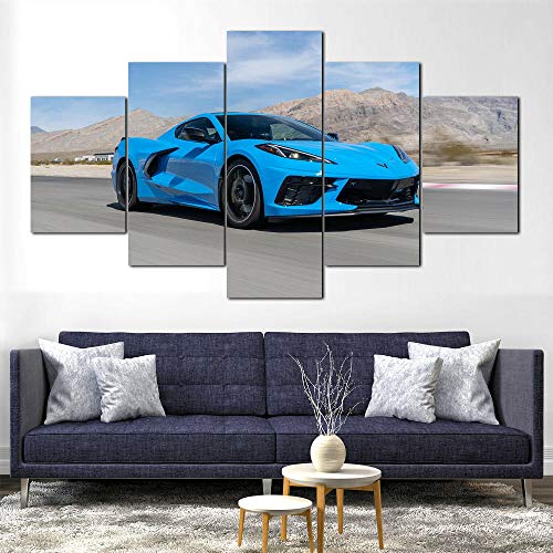 AWER Canvas Wall Art，C8 super coche azul Material Tejido Impresión，Impresión En Hd，Imagen Modular，decoración del hogar，5 Piezas 150x80cm，Con Marco