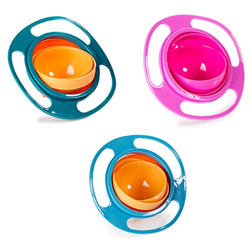 Berry President Magic Gyro - Lote de 3 cuencos de rotación 360 º resistente a los derrames, con tapa, para niños, color naranja, azul y verde
