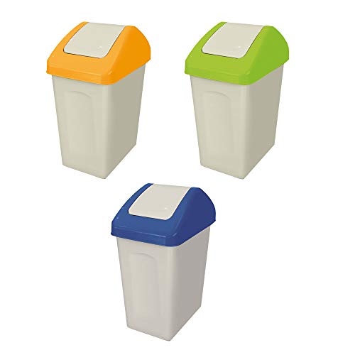 BranQ - Home essential Swing - Cubo de Basura de plástico y Polipropileno, 3 Unidades, 25 L, 24 x 39 x 50 cm, Color Amarillo, Azul y marrón