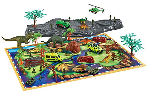 Brigamo Juego de juguetes de dinosaurios con base de juego, figuras de dinosaurios, coches de juguete y figuras de soldados.