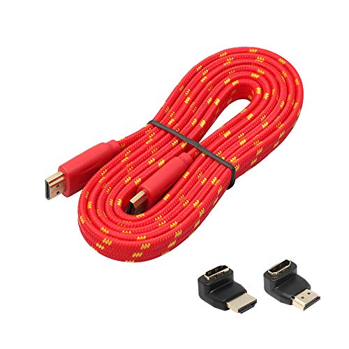 Cable de video HDMI macho a macho, enchufe chapado en oro con malla de nylon, diámetro de cable delgado, peso ligero, para Blu-ray, Xbox 360, PS3 / PS4 (Con 8 + 90 grados Adaptador de 270 grados),Rojo