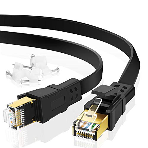 Cable Ethernet Cat 8 3 m, 10 Pies Cable de Red LAN Cat.8 Cable de Red Plano con Clips, Conector RJ45 Chapado en Oro Cable LAN rápido para Computadora para Juegos, Enrutador, Módem, Negro