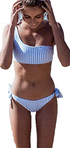 CheChury Bikini Mujer Moda Conjuntos De Bikini Rayas Talle Alto Retro Brasileños Mujer Sexy Traje De Baño Cuello Halter Strapless Off Shoulder Push-Up Bikini Acolchado Bra