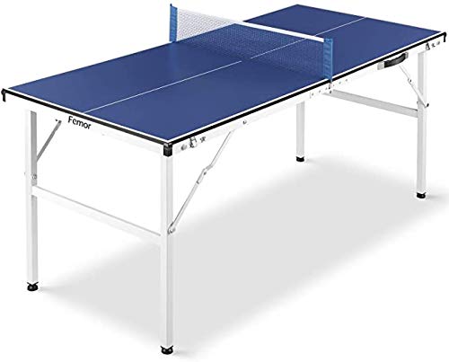 FEMOR Mesa de Ping Pong Plegable con Red, Mini Mesa de Ping Pong de 150 x 70 x 67 cm, Mesa de Ping Pong para Interior y Exterior, Material de Acero, Azul