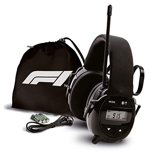 Formula 1 Radio Ear Defenders Auriculares de Seguridad con Receptor de Radio FM Am, Digital y conexión Bluetooth, Incluye una Bolsa y Pilas, Escucha música Mientras mantienes tu audición a Salvo