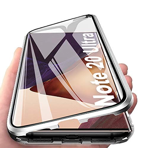 Funda para Samsung Galaxy Note 20 Ultra 5G Magnetica Adsorption Carcasa 360 Grados Frente y Parte Posterior Cuerpo Completo Transparente Vidrio Templado Protección Metal Choque Cover Case - Plata