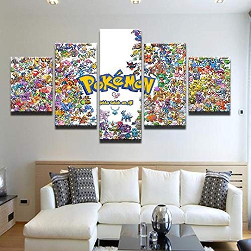 GANFANREN Decorative Pictures Painting Spray Canvas 5 Pieces Pokemon Gotta Catch Em All – Cartoon Canvas Wall Picture Furniture Art Deco-150 * 80cm-Framed