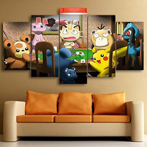 GANFANREN Decorative Pictures Painting Spray Canvas 5 Pieces Pokemon Playing Cards – Anime Canvas Wall Picture Furniture Art Deco-150 * 80cm-Framed