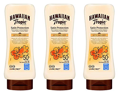 Hawaiian Tropic Satin Protection Ultra Radiance - Crema Protectora Solar SPF 50 Protege la Piel Fragancia de Frutas Tropicales - Pack 3 x 180 ml