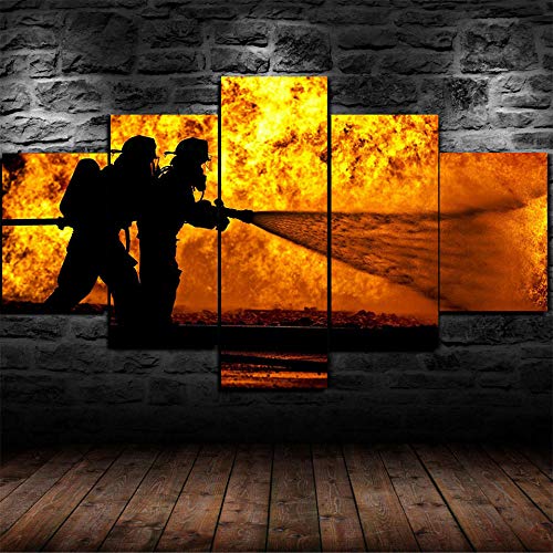 Hgjfg Cuadro Moderno En Lienzo 5 Piezas Xxl Fire Fighter Hero Bombero Hd Abstracta Pared Imágenes Modulares Sala De Estar Dormitorios Decoración Para El Hogar 150X80Cm