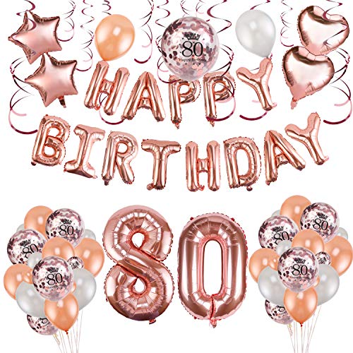 HOWAF Decoración de cumpleaños 80 en Oro Rosa para Mujeres, 59 Piezas Feliz cumpleaños Decoración Globos Guirnalda Banner 80 Años Globos de Confeti y Estrella Corazon Globos de Aluminio