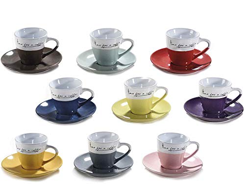 Juego de 9 tazas de café expreso de cerámica bicolor con texto "Time for a coffee" y sus platillos.