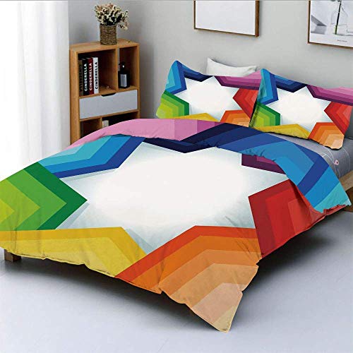 Juego de funda nórdica, rayas de colores del arco iris que forman una estrella gigante Espectro conceptual Impresión de arte moderno Juego de cama decorativo de 3 piezas con 2 fundas de almohada, mult