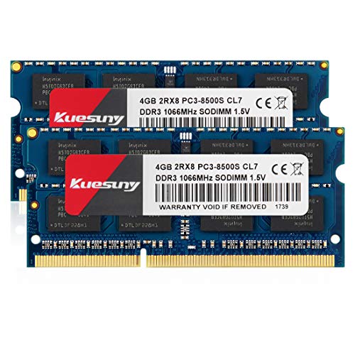 Kuesuny 8GB Kit (2x4GB) DDR3 1066MHz / 1067MHz SODIMM 204 Pin 1.5V CL7 No ECC Sin búfer 2RX8 PC3-8500 PC3-8500S Memoria RAM para computadora portátil para Intel AMD Mac