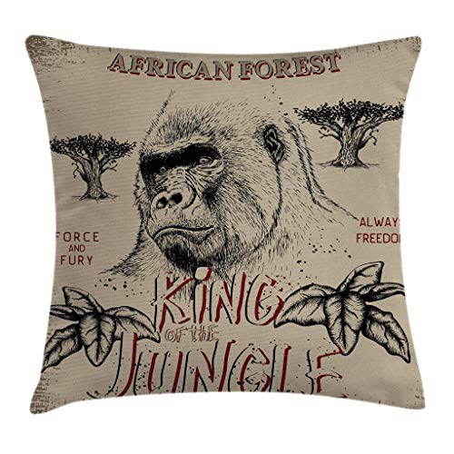 Lichenran Funda de Almohada Diseño Vintage con Gorilla King of The Jungle Safari Adventure Force Ilustración Funda de Almohada Decorativa Throw Pillow Case Funda de Almohada para Cojín(50x50cm)