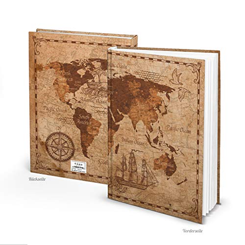 Logbuch-Verlag Cuaderno XXL en blanco, DIN A4, tapa dura, libro vintage, mapa del mundo, mapa del mundo grande sobre antiguo
