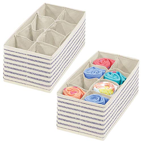 mDesign Juego de 2 cestas organizadoras – Versátiles separadores de cajones con 8 compartimentos cada uno – Cestas plegables de tela para accesorios de bebé, ropa interior, etc. – color natural/azul