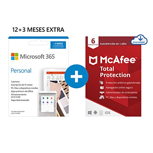 Microsoft 365 Personal | Apps Office 365 | PC/MAC/tableta/teléfono | 12+3 Meses + McAfee Total Protection 2020 | 6 Dispositivo | 12 Meses | PC/Mac/Android/Smartphones - Código de activación por email