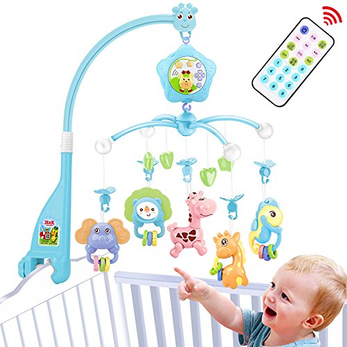Móviles de bebé para cuna, cuna móvil con luces y música, mando a distancia y juguete para empacar y jugar rosa (BLUE)