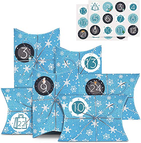 Naler 24 Cajas de Regalo Navidad Calendario de Adviento Cajas de Dulces con Copos de Nieve Azul con Pegatinas Números 1-24