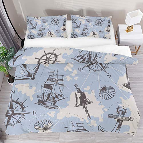 N\O Nautical Element Anchor Lighthouse Full Duvet Cover Set Soft Kids Bedding Set for Girls Boys Durable Bedding Quilt with 1 Duvet Cover Quilt and 2 Pillow Cases