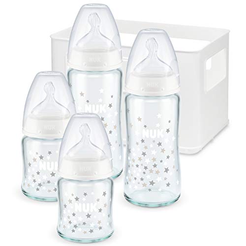 NUK First Choice Plus Starter Set, 4 Baby botellas con aspiradores de hidratacion y caja para botellas, 0-6 meses, modelos surtidos