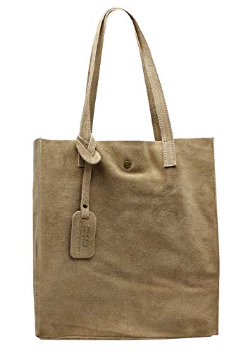 OKTRADI Bolso de piel de ante para mujer, 30 x 34 x 11 cm, fabricado en Italia (Beige)