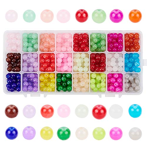 PandaHall Elite - Cuentas de cristal de jade de imitación de 24 colores, 720 piezas de cuentas sueltas de piedra redonda, lote surtido para hacer joyas, collares, pulseras, pendientes, accesorios