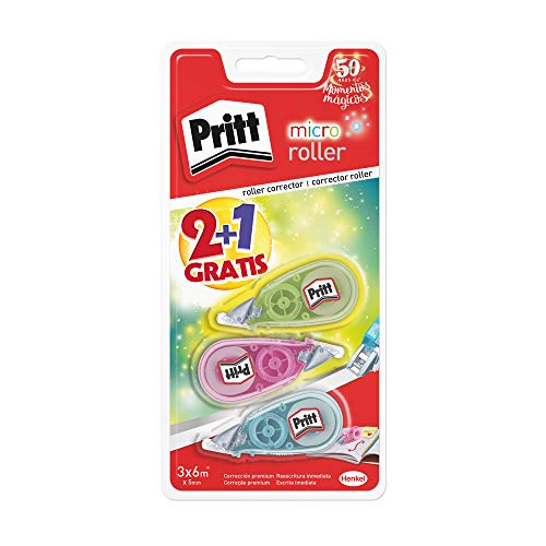 Pritt Micro Rolli, correctores de bolígrafo para tapar errores, cintas correctoras que no dejan manchas, corrector escolar en azul, verde y rosa, 2+1 gratis (5mm x 6m)