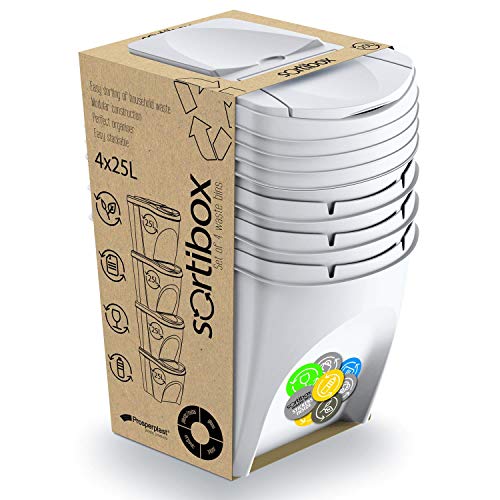 Prosperplast Juego de 4 Cubos de Reciclaje 100L Sortibox de plastico en Color Blanco, 4x25L
