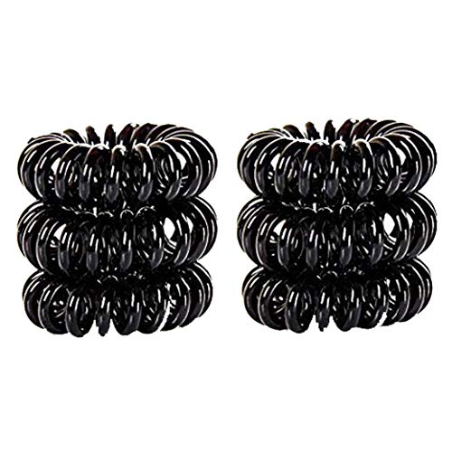 Qinlee 6 gomas de pelo originales para mujer, de plástico, en espiral, cable telefónico elástico, para el pelo, para mujeres y niñas, utilizables como pulsera, color negro