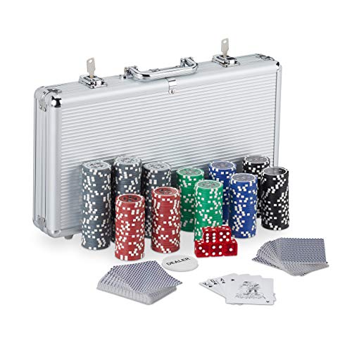 Relaxdays Maletín de póquer 10031551, 300 fichas de póquer láser, 2 Barajas de Cartas, 5 Dados, botón de Dealer con Cierre, Aluminio, Color Plateado