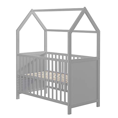 roba-kids 203120TPFS - Cama de casa 60 x 120 cm, cama de bebé y cama supletoria con aspecto de casa, blanca, ajustable en 3 direcciones, convertible, unisex