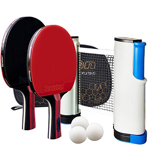 Senston Palas Ping Pong, Pelotas Ping Pong Set+ Red Retráctil, 2 Raquetas de Tenis de Mesa + 3 Pelotas + 1 Bolsa,el Entrenamiento/Kit de Raqueta recreativa