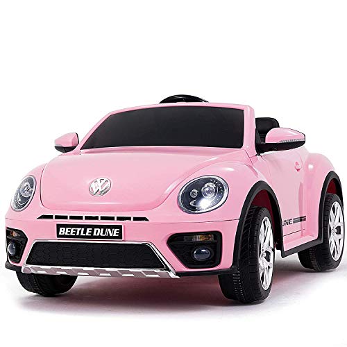 Uenjoy Volkswagen Beetle 12V Kids Paseo eléctrico en Autos Vehículos motorizados a batería, Control Remoto, Música, Bluetooth, Suspensión, Puerta Doble， Rosa