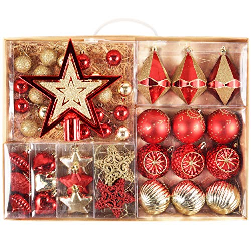 Valery Madelyn 70 Piezas Bolas de Navidad de 3-6 cm, Adornos Navideños para Arbol, Decoración de Bolas de Navidad Inastillable Plástico de Rojo y Dorado, Regalos de Colgantes de Navidad