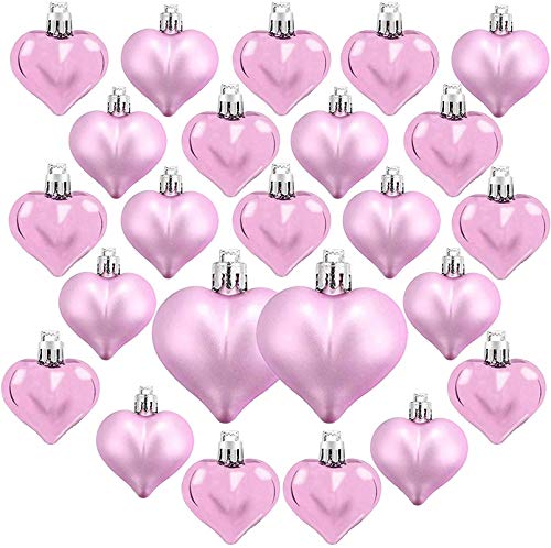 24PCS Heart Shaped Baubles Heart Valentine's Day Ornament Hanging Decoration, Romantic Valentine's Day Hanging Decorations (Pink)