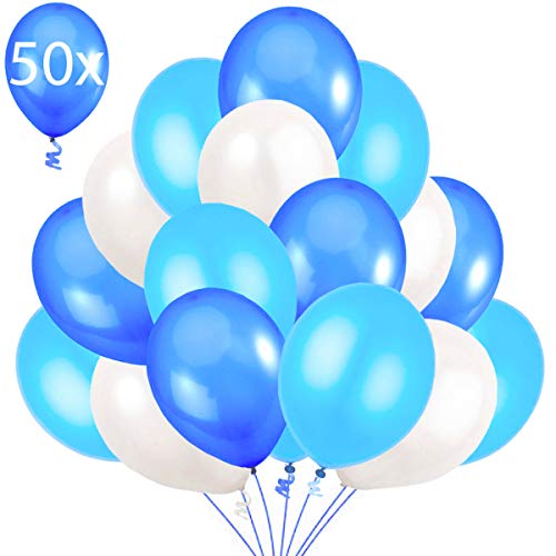 50 Globos Azul Blanco y Turquesa Brilante de 36 cm. Globos de Látex de 3,2g. por Helio. Decoraciones y Accesorios para Fiesta de Cumpleaño y Bautizo