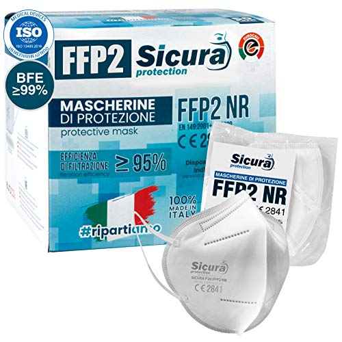 50 Mascarillas FFP2 Homologadas fabricadas en Italia. Mascarilla ffp2 certificada CE Sanitizada. ISO dispositivo médico BFE ≥99%. Paquete de mascaras 50 unidades