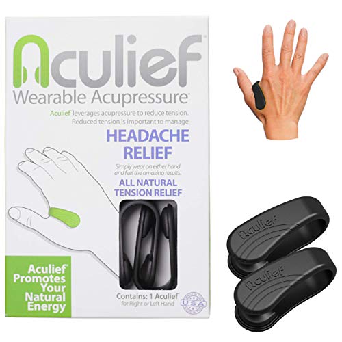 Aculief - Dolor de cabeza natural galardonado, migraña, alivio de la tensión usable - Apoyo a la relajación de la acupresión, alivio del estrés, alivio del dolor muscular - 2 paquete - (Negro)
